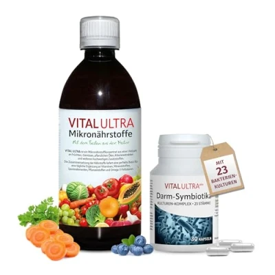 Abbildung von Vital Ultra 480 ml Mikronährstoffkonzentrat &amp; 30 vegane Kapseln Darm Symbiotika Vitamine, Mineralien, Spurenelemente 23 Bakterienkulturen hochdosiert 10 Milliarden Keime je Kapsel