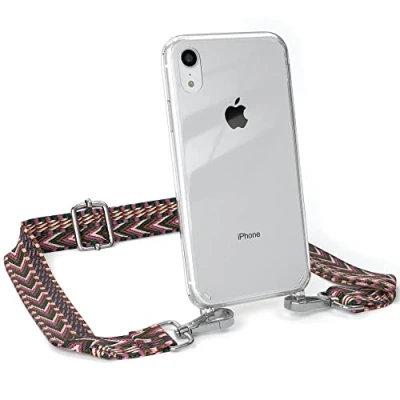 Abbildung von EAZY CASE Handykette Einstellbarer Trageriemen kompatibel mit iPhone XR, Schulterriemen, Riemen, Hülle aus Silikon, DIY Kettenkombination, Beere/Rosa Metall Silber