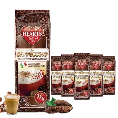 Abbildung von HEARTS Cappuccino mit feiner Kakaonote, 5 x 1kg lnstant Kaffeepulver, intensives Aroma, milchig, cremig, leicht löslich, 5er Vorratspackung, reicht für 400 Tassen