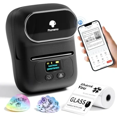 Abbildung von Phomemo M110 Etikettendrucker Thermo Mini Bluetooth Handheld Drucker mit für Kleidung, Supermarkt, Einzelhandel usw, kompatibel Android und iOS, Schwarz