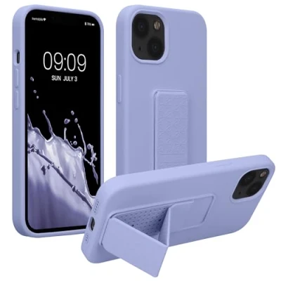 Abbildung von kwmobile Handyhülle kompatibel mit Apple iPhone 13 Hülle Fingerhalter und Standfunktion Silikon Case Handy Cover in Lavendel