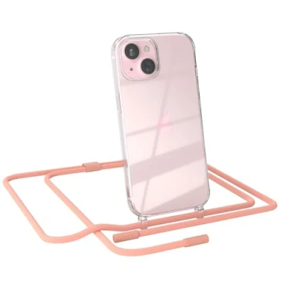 Abbildung von EAZY CASE Handykette kompatibel mit iPhone 15 dünne Handyhülle für Hülle Band als Fallschutz Kette zum Umhängen transparente Silikon in Korall