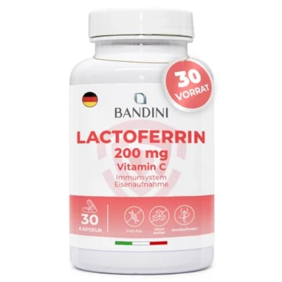 Abbildung von Bandini® Lactoferrin 200mg Laktoferrin + 60mg Vitamin C je Tagesdosis (1 Kapsel) Für Eisenaufnahme &amp; Immunsystem Kolostrum Bestandteil Hochdosiert, laborgeprüft, GVO frei 30 Kapseln