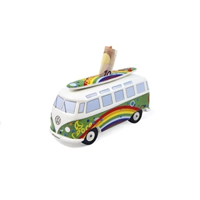Abbildung von VW Collection by BRISA Spardose Volkswagen Sparschwein im T1 Bulli Bus Design mit Surfbrett, Geldbüchse aus hochwertiger Keramik
