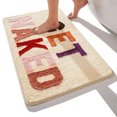 Abbildung von QJHOMO Get Naked Badematte Beige Badezimmermatten 50 x 80 cm, rutschfeste Badematten für Badezimmer, Bunte Buchstaben, weiche Mikrofaser, maschinenwaschbarer Teppich