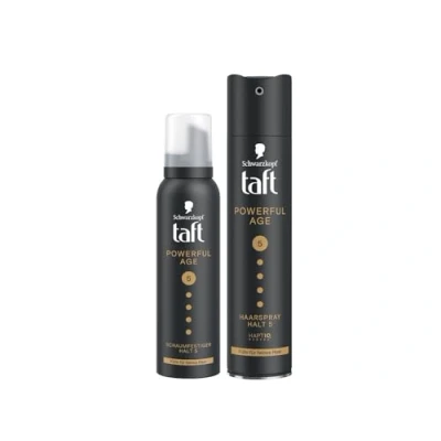 Abbildung von Taft Schwarzkopf Schaumfestiger Powerful Age (150ml) Haltegrad 5 Haarschaum für feines &amp; dünner werdendes Haar Haarspray (250 ml) Haarstyling Vegane Formel*
