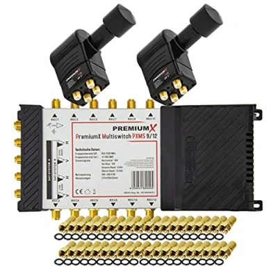 Abbildung von Premium X Multischalter Set 9/12 Multiswitch 2X Multifeed 3 Rocket Quattro LNB 40x F Stecker, Satverteiler 2 SAT für 12 Teilnehmer