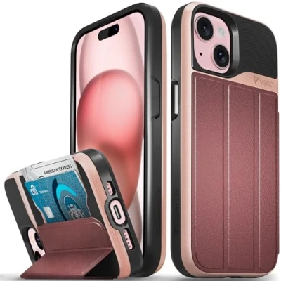 Abbildung von VENA vCommute Brieftaschen Schutzhülle, kompatibel mit Apple iPhone 15 (6,1 Zoll), Fallschutz in Militärqualität, Klappetui, Kartenschlitz, Halter Ständer, Roségold/Rot