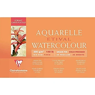 Abbildung von Clairefontaine 96468C Malblock, Kopfseitig Geleimt Aquarellpapier Feinkörnig, Etival/Zellulose, 10 x 15 cm postkartenformat, 25 Blatt, 300 g Packung, weiß