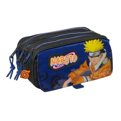 Abbildung von Safta Naruto Ninja Federmäppchen mit DREI Fächern, für Kinder, ideal Kinder im Schulalter, bequem und vielseitig, Qualität Widerstandsfähigkeit, 21,5 x 8 10 cm, schwarz/blau,