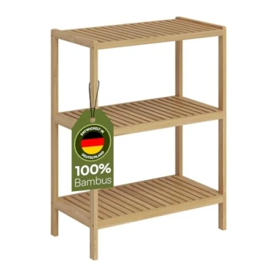 Abbildung von Bellamio Badregal Newa mit 3 Ablagen, Badezimmerschrank, Badezimmermöbel aus Bambus lackiert, Standregal Regal Maße 80x60x33 cm