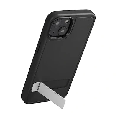 Abbildung von kwmobile Hülle kompatibel mit iPhone 15 Kunststoff Case TPU Bumper Handy Cover ausklappbarem Ständer Schwarz