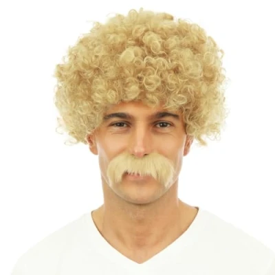 Abbildung von P&#039;TIT CLOWN 81186 Herren Perücke Kurz Lockig und Schnurrbart 70er, 80er Jahre Verkleidungszubehör Karneval, Mottoparty, Cosplay, Manga, Silvester, Halloween Synthetisches Haar Blond