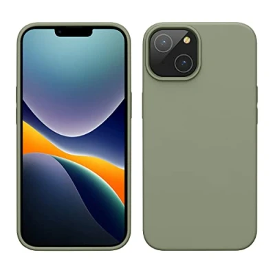 Abbildung von kwmobile Hülle für das iPhone 14 dünnes Silikon Handy Case stoßfeste Handyhülle mit weicher Oberfläche unterstützt kabelloses Laden Graugrün