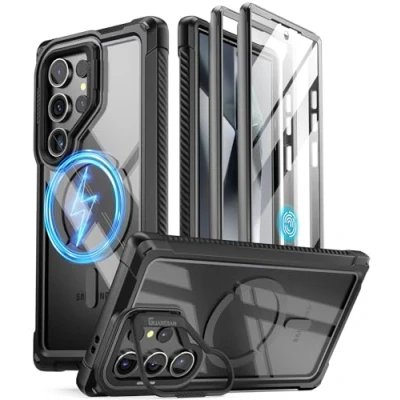 Abbildung von Poetic Guardian Hülle Kompatibel mit Galaxy S24 Ultra 5G 6,8 Zoll, [integrierter Kameraständer] [Displayschutz funktioniert Fingerabdruck ID] Stoßfeste, Ganzkörper Hybrid Schutzhülle, Schwarz/Klar