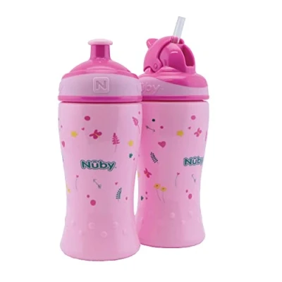 Abbildung von Nuby 2er Pack auslaufsichere Trinkflaschen Flip it Trinkhalmflasche 360ml + Pop up Trinkflasche Trinklernbecher für Kinder BPA FREI Rosa Trinkbecher 12+ Monate &amp; 18+