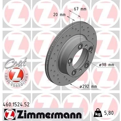 Abbildung von ZIMMERMANN SPORT COAT Z 460.1524.52 Bremsscheibe 292 20 9/5 5 130 innenbelüftet, gelocht beschichtet PORSCHE: Boxster