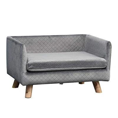 Abbildung von PawHut Tierbett Hundesofa mit Holzbeinen Hundebett für kleine Hunde bis zu 8 kg, samtartiges Polyester, Grau 64 x 45 36 cm