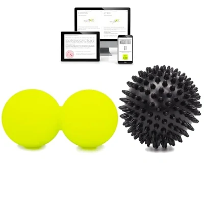 Abbildung von KALAHARI Massagebälle, Igelball, Duoball und e Book Übungen auf Deutsch zur Selbstmassage, Faszientraining, Plantarfasziitis Entspannung, Fußmassage Triggerpunkt für Rücken Beine Füße Hände