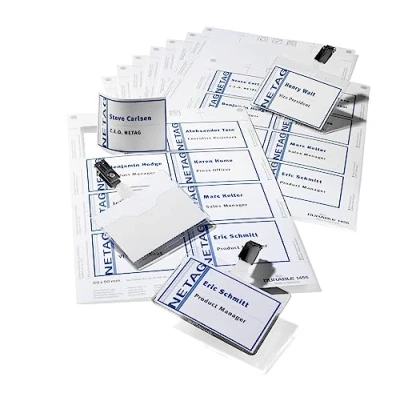 Abbildung von Durable Namensschilder Set, 60 x 90 mm mit Clip, passende Einsteckschilder auf A4 Druckbögen, Packung à 20 Stück, 818100