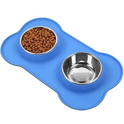 Abbildung von VIVAGLORY Hundenapf Fressnapf Lebensmittel Wassernapf Edelstahl Doppel Napf mit Nicht Kleckern Rutschfesten Silikon Tablett Matte, Blau, 185ml x 2 für Welpen