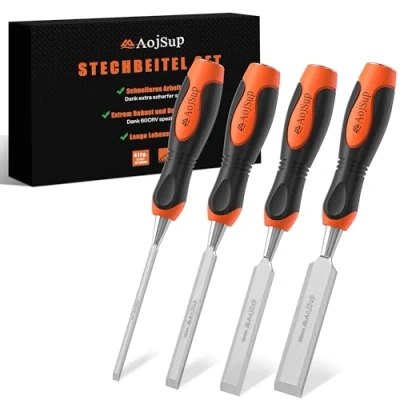 Abbildung von AojSup Stechbeitel Set für Holz 4tlg. Scharfes Stecheisen (6, 12, 19, 25mm), Profi Holzmeißel mit 25 Keilwinkel und Robuster Metall Schlagkappe, Satz Anfänger Profis