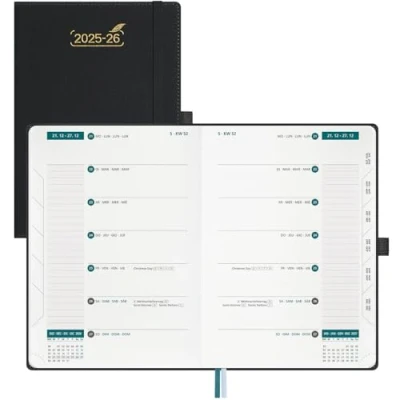 Abbildung von BEZEND 18 Monate Kalender 2025 2026 Terminplaner (Juli 25 Dez 26), Wochenplaner A5 1 Woche 2 Seiten mit Spalten, Buchkalender 25/26 Hardcover, Schwarz