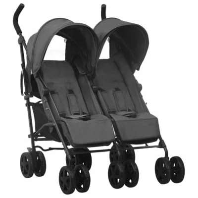 Abbildung von vidaXL Geschwisterwagen mit 12 Rädern Korb Traggürtel Zusammenklappbar Verstellbar Kinderwagen Zwillingswagen Zwillingsbuggy Buggy Anthrazit Stahl