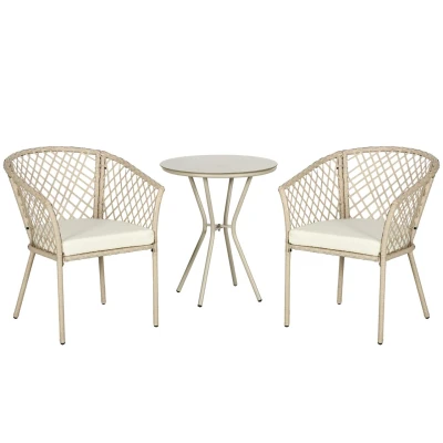 Abbildung von Outsunny Rattan Gartenmöbel Set 3 TLG., Gartengarnitur mit Couchtisch, 2 Stühlen, Balkonmöbel Kissen, Gartensitzgruppe für Balkon, Terrasse, Khaki