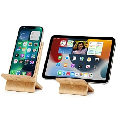 Abbildung von Bambus Handy Halterung Schreibtisch mit Loch, Abnehmbarer Holz Handyhalter Tisch Ständer Tablet Halter Smartphone für iPhone, iPad und Alle Handys