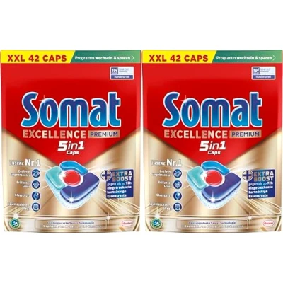 Abbildung von Somat Excellence Premium 5in1 Caps, 84 Caps (2x 42 Caps), schnellauflösende Spülmaschinentabs mit Extra Boost, entfernen selbst 72 h eingetrocknete, hartnäckige Essensreste