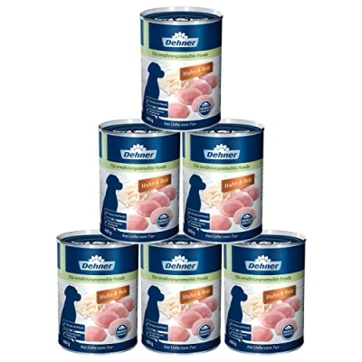 Abbildung von Dehner Premium Hundefutter Sensitive, Nassfutter zuckerfrei / getreidefrei, für ausgewachsene ernährugssensible Hunde, Huhn Reis, 6 x 400 g Dose (2.4 kg)