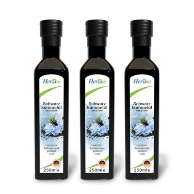 Abbildung von HerbBio Schwarzkümmelöl kaltgepresst gefiltert 3X250ml schonend in Rohkostqualität 100% naturrein Black seed oil täglich mühlenfrisch direkt vom Made Germany