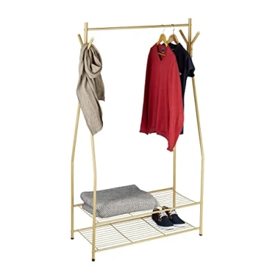 Abbildung von Relaxdays Kleiderständer mit Schuhablage SANDRA, Metall, breit, Garderobenständer Kleiderstange, 2 Ablagen auch für Stiefel, HBT: 162 x 90 40 cm, honig braun
