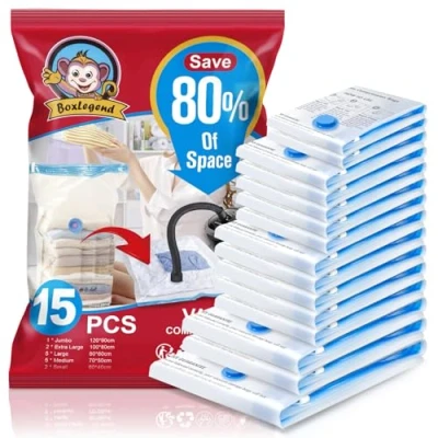 Abbildung von BoxLegend Vakuumbeutel 15 Stück Aufbewahrungsbeutel Reise DickereVakuum Kleiderbeutel 1XXL+2XL+5L+5M+2S Wiederverwendbar für Kleidung Bettdecken Bettwäsche Kissen Wolldecken Vorhänge