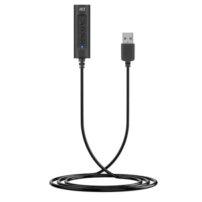Abbildung von ACT USB Soundkarte, auf Klinke 3.5mm Buchse, mit Lautstärkeregler, Soundkarte Extern, verbindet Audio und Mikrofon Aux PC/Laptop/ AC9360