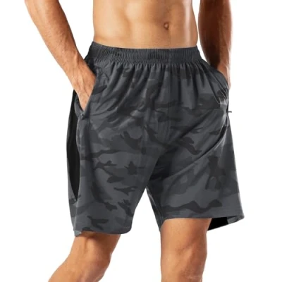 Abbildung von HMIYA Herren Sport Shorts Schnell Trocknend Kurze Hose mit Reißverschlusstasch (Camouflage Grau,3XL)