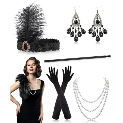 Abbildung von Alintor 20er Jahre Accessoires, Kostüm Damen Set, Charleston Flapper Kleid Jahre, Gatsby Accessoires Damen, Perfekte für Federboa Schwarz, Karneval, Fasching, Peaky Blinders