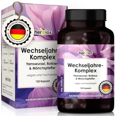 Abbildung von HERBIOS Wechseljahre Kapseln 120 Stück für 2 Monate Hochdosierte Yamswurzel, Rotklee &amp; Mönchspfeffer mit Eisen Folsäure B Vitaminen Vegan Hormonfrei, Unterstützung Meno Balance