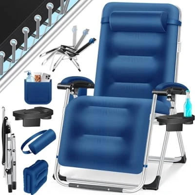 Abbildung von KESSER® Sonnenliege Liegestuhl, klappbare Gartenliege extra breit &amp; Wetterfest, Belastbar 200kg, Ergonomisches Polster verstellbare Rückenlehne inkl. Nackenkissen Getränkehalter Armpolster Navyblau