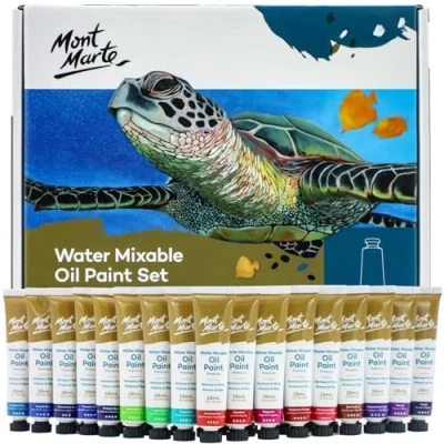 Abbildung von Mont Marte Ölfarbe PREMIUM Wasserlösliche Ölfarben Set 36 x 18ml Ideal für Ölmalerei, vielseitig kombinierbar, Brillante Lichtechte Farben, großer Deckkraft