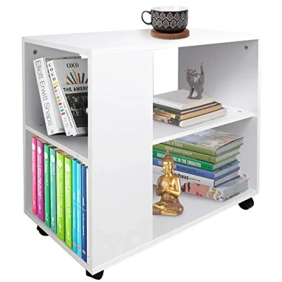 Abbildung von BAKAJI Niedriges Bücherregal mit 5 Ablagen Rollen aus Melaminholz, Seitentisch, modernes Design für Wohnzimmer, Haus oder Büro (weiß)