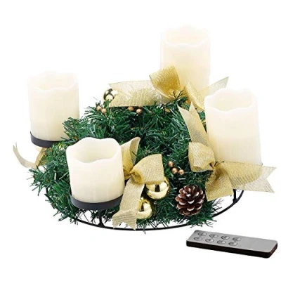 Abbildung von Britesta Gestecke LED Kerze: Adventskranz mit weißen Kerzen, goldfarben geschmückt (Kerzenkranz, Wintergesteck, Kabellose Weihnachtskerzen)