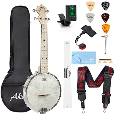 Abbildung von Aklot Banjolele,4 Saiten Banjo Ukelele 23 Zoll Konzert Remo Trommelkopf, offener Rücken, Ahornkorpus 1:15, Advanced Tuner mit Zwei Wege Halsstab,Gigbag Saitengurt Plektren