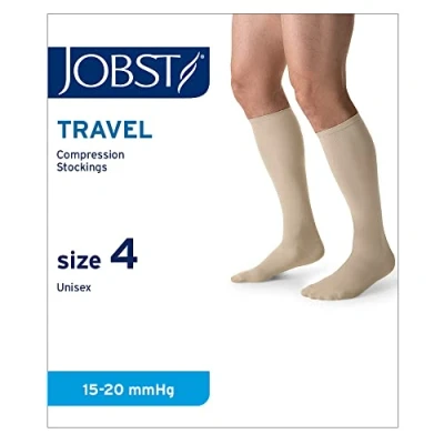 Abbildung von JOBST Travel Reisestrümpfe für Damen und Herren hilft, Reisethrombosen vorzubeugen weich, atmungsaktiv dank 33% Baumwollanteil, Beige, Size 4