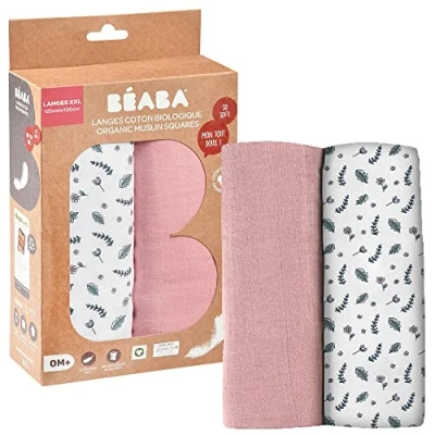 Abbildung von BÉABA, 2er Set Baby Pucktücher, Musselin aus Bio Baumwolle, Multifunktional: Wickeldecke, Lätzchen, Nomadendecke, Kuscheldecke, ultraweich, atmungsaktiv, 120 cm, Altrosa/Blumenfeld