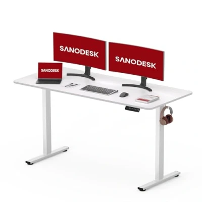 Abbildung von SANODESK Höhenverstellbarer Schreibtisch KOMPLETTE TISCHPLATTE Höhenverstellbar Elektrisch Ergonomischer Steh Sitz Tisch Computertisch für Heimbüro Homeoffice 120 x 60 cm(weiß)