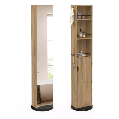 Abbildung von IDMarket Drehbarer Badezimmerschrank mit Spiegel, Schrank und Regalen, Buche Schwarz ELIA