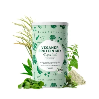 Abbildung von InnoNature Bio Green Protein Mix I mit 8 pflanzlichen Proteinquellen und 5 nährstoffreichen Superfoods 450g Vegan &amp; ohne künstliche Süßungsmittel