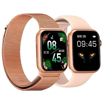Abbildung von DCU TECNOLOGIC Smartwatch Color Full 2 ​​ mit Armbändern: Roségoldenes Metall und rosa 1,91 Zoll IPS Touchscreen IP67 wasserdicht 128 Sportmodi